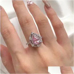 حلقات الزفاف حجم 6-9 الحقيقي 925 الجنيه الاسترليني Sier Jewelry Pink 5a Zirconia مصمم خاتم لامرأة Party Princess Water Drop الفاخرة E DHRVS