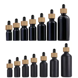 Flaschen 10x Schwarze Glas -Tropfenflaschen Bambus Holz ätherische Öle 5 ml bis 100 ml Matte Augentropfen Tropfflasche Tragbare nachfüllbare Reise