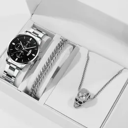 Wristwatches Wacthes For Mens Luxury Men Business Stainless Steel Quartz Wristwatch Male Calendar Man Casual Sports Bracelet Necklace Set