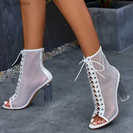 Klänningskor Spring Autumn Sexig Peep Toe Transparent High Heels Dance Ankle Boots Women Roma Style Mesh Hollow Out Cross Lace-Up Sandal H240403