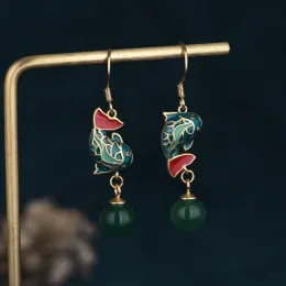 Earrings 2022 Carp Chalcedony Asymmetric Antique Enamel Earrings Exquisite China Style Earrings Retro Tassel Earrings for Women Jewelry
