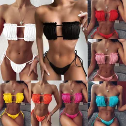 Kvinnor Solid Halter String Bikini Set Pleated Hollow Triangle Sexig thong Tvådel baddräkt baddräkt plus storlek XS-2XL