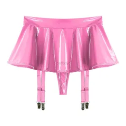 Urban Sexy Dresses Womens Glossy Patent Leather Ruffle Mini Skirt Built-in Thongs Garter Belts Metal Clips Shorts Miniskirt Wet Look Rave Clubwear 240403