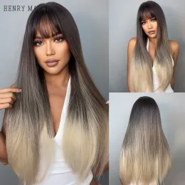 Wigs HENRY MARGU Long Straight Synthetic Wigs with Bangs Ombre Black Brown Blonde Ash Cosplay Hair Wigs for Women Heat Resistant