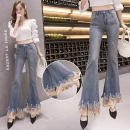 Beading Petal Lace Patchwork Flared Jeans For Women 2023 Autumn Skinny Fashion BootCut Ankle Length Denim Mujer Pants Female 240403