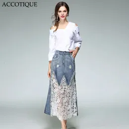 Hohe Qualität Frühling Damenmode Off Schulter Weißes Hemd Loch Hohl Heraus Spitze Denim Rock 2 Stück Sets Conjunto feminino 240325