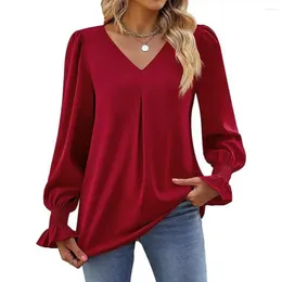 Women's Blouses Autumn Fashion Women Blouse Top V Neck Long Bubble Sleebe Solid Color Shirring Ruffle Pullover Lady Blusa Mujer Moda 2024