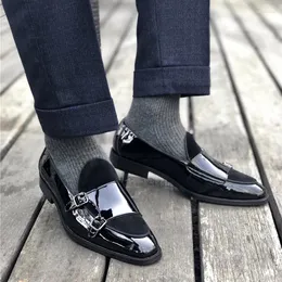 Casual Shoes Shooegle Fashion Patent Leather Vintage Style Men Double Monk Strap Buckle Loafers Wedding High Quality Dress