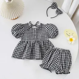 Clothing Sets 2024 Summer Baby Girls 2PCS Clothes Set Plaid Short Sleeve Knotbow Ruffle Tops Lantern Shorts Suit Toddler Outfits