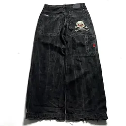 JNCO DEREANS HARAJUU HIP HOP RETRO SKULL Graphic Haftowane workowate dżinsy Dżinsowe spodnie mężczyźni Kobiety Goth High Taist Szerokie spodnie 240328