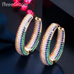 Ohrringe Dreigraces Luxus blaugrün kubisch Zirkonia Gold Farbe Big Circle Round Hoop Ohrringe für Damen Hochzeitsfeier Schmuck ER544