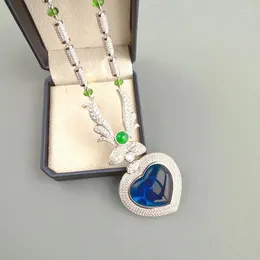 Hänghalsband designer samling kväll halsbandsinställningar zirkon syntetiskt blå agat hjärta pläterad guldfärggröna pärlor kedja