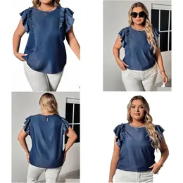 T-shirt de camiseta de tamanho feminino verão novo solto com babados de cor sólida blusa de manga de color