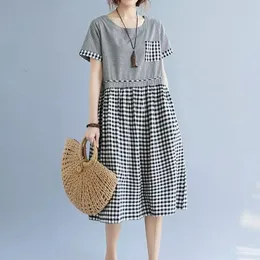 2023 Vintage Mori Girl Style Plaid Patchwork Midi Kleid Sommer Kurzarm Casual Aline Oneck Mode Taschen Falten Kleider 240403