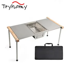 Möbler Camping IGT -bord Portable Combination Barbecue Table Outdoor Beech Picnic Table Multifunktionellt rostfritt stål fällbord