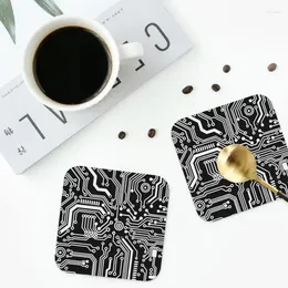 Bord Mattor Black Microchip Hardware Circuit Design Coasters Läder Placemats Non-Slip Isolering Kaffe Kök Matkuddar Set av 4