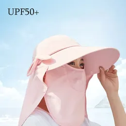 日焼け止めキャップの女性分離可能なフェイスマスクネックフラップバイザー空のトップハット調整可能な広いリム防水通気性帽子240327