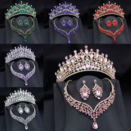 Barock Luxusgrüne Brautschmucksets Queen Bride Diadaras Kronen Halskette Ohrringe für Hochzeit Dubai Schmuck Set Prom Accessoire 240315