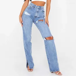 Kvinnors jeans hög midja show hög tunn rak ben denim mopping byxor trasig fot slits sag y2k rippad för kvinnor