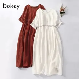 Vintage broderi bomullslinne vit klänning kvinnor sommar andas o nack kort ärm lös boho klänning avslappnad midi vestidos 240321