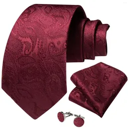 Bow Ties Luxury Red Paisley Men's Silk Jacquard Woven 8cm Wedding Party Neck Tie Set Handduk Manschettknappar Tillbehör Partihandel