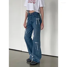 Women's Jeans Blue Bow Korean Baggy Cowboy Pants Harajuku Wide Denim Trouser 90s Aesthetic Y2k 2000s Trashy Emo Clothes 2024