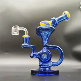 Thick Clear Blue 8 Inch Luxury Hookah Glass Bong Dabber Rig Recycler Incycler Smoke Pipe Slit Puck Wig Wag Glass Neck 14.4mm Joint Perc LL