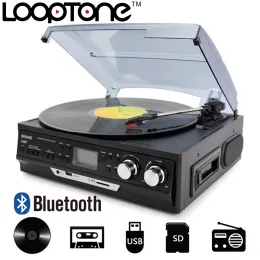 Повороты Looptone 3 -reed Bluetooth Vinyl LP Record Player Turntable Turntable Turntable Gramophone AM/FM Radio Cassetette USB/SD Регистратор