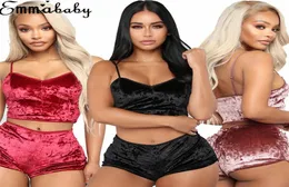 2018 Fashion Women New Sexy Velvet Pajama Sets Ladies Lace Vneck Crop Tops Shorts 2PCS Sleepwear Lingerie Pajamas Sets Solid2004434