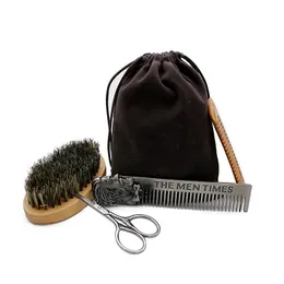 Novo 2024 Brush de barba Conjunto de pente de estilo duplo -lados Kit de cuidados de limpeza de reparo de tesoura para homens kit de barba de madeira com bolsa - para barba - -