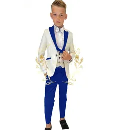 Costume da ragazzo Costume 3 pezzi Bambino Set di giacche jacquard avorio Fiore Ragazzi Abito da festa formale Abito da sposa per bambini Tuxedo5761763