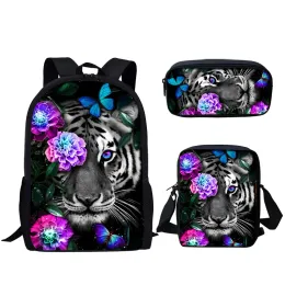 Purple Tiger Print Kids Rucksack Leichtes Daypack Set 3 Stück mit Lunchbag Bleistiftkoffer für Teenager Girls Boys School Tasche