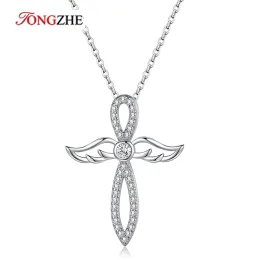 Colares Tongzhe Angel Cross Pingente Colar para Senhoras 925 Sterling Silver Double Wings Party Birthday Jewelry Gift