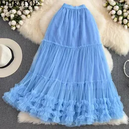Kjolar fashionabla tiered maxi tyll kjol för kvinnor blå golvlängd a-line kvinnlig 92 cm förlängde lång tutu sommar 2024