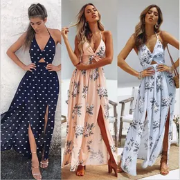 2024 Summer Bohemian Long Dress Evening Party Beach Sundress Flower Halter 240320