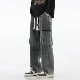 Винтажные карманы Y2K мешковатые джинсы мужчины в американском стиле уличная одежда прямой джинсовые брюки с твердыми вымытыми эластичными талиями 240325