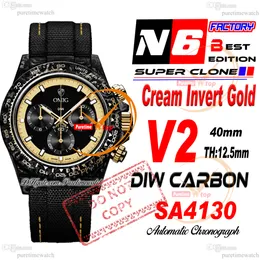 DIW Cream Invert Gold Carbon SA4130 Automatic Chronograph Mens Watch N6F V2 Black Yellow Dial Nylon Strap Super Edition نفس البطاقة التسلسلية RELOJ HOMBRE PTRX 10