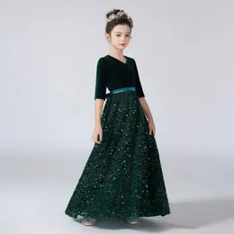 Dideyttawl VNeck ThreeQuarter Sleeves Dress For Girl Sequins Shiny Flower Dresses Kids Birthday Formal Princess Gowns 240322