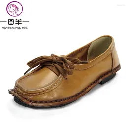 Casual Shoes MUYANG Genuine Leather Handmade Women Woman Loafers Female Flat Lacing Soft Comfortable Flats