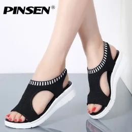 أحذية Pinsen Women Sandals 2022 New Female Shoes Woman Wedge Summer Sandals Ladies Slipon Slipon Sandals Women Sandalias