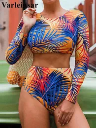 Women's Swimwear Leaves Printed Long Sleeve High Waist Bikini Female Swimsuit Women Two-pieces Set Bather Bathing Suit Swim V4322
