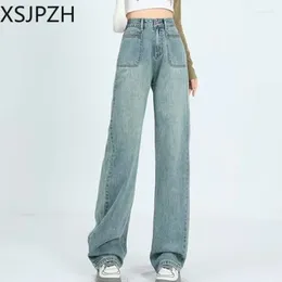 Frauen Jeans hohe Taille Weitbein gerade losen Herbst 2024 Drape Slim Mopp Floor Hosen vielseitig modisch süß würzig