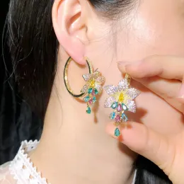 Earrings Pera Luxury Large Flower Colorful Tassel Drop CZ Zircon 585 Gold Color Round Hoop Earrings for Women Bridal Wedding Jewelry E569