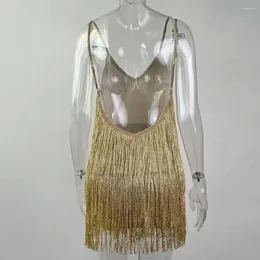 Casual Dresses Slim Fit Tassel Dress Elegant Latin Dance with Shiny Fringe Spaghetti Straps For Women Backless Club