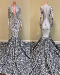 Silver African Girls Long Prom Dresses 2022 Mermaid V Neck Full Sleeve 3D Flowers Train Women Formal Party Evening Gown C04081333897