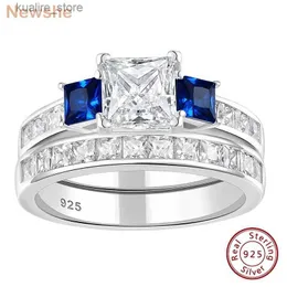 Cluster Rings News 925 Sterling Silver Ring Set for Womens Third Princess Cutting White Blue AAAA Zircon Deluxe Engagement Wedding Jewelry L240402