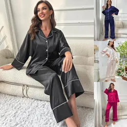 Heimkleidung Langarm Pyjamas Set Satin Nachtwäsche Frauen Hemdpanzer 2pcs Homewear Sommer Spring Loungewear Schlaf Pyjama Anzug