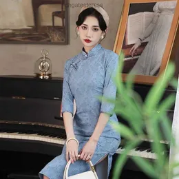 민족 의류 우아한 여름 블루 청사 (Blue Cheongam) 개선 된 캣워크 의상 레트로 여행 Po Qipao 중국 스타일 이브닝 드레스 여성