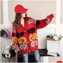 Women'S Sweaters Women Cardigan Letter Pattern Knitted Sweater Korean Street Style Loose Ladies Jacket Spring And Autumn Drop Deliver Dh9Lf
