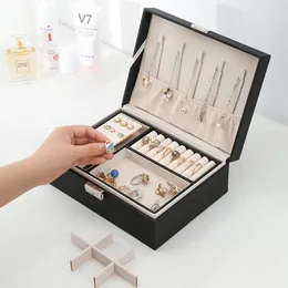 Bolsas de joalheria Bolsas de jóias de madeira de camada dupla caixas de anel de judeu e embalagem com caixa de maquiagem de organizador de armazenamento de couro PU